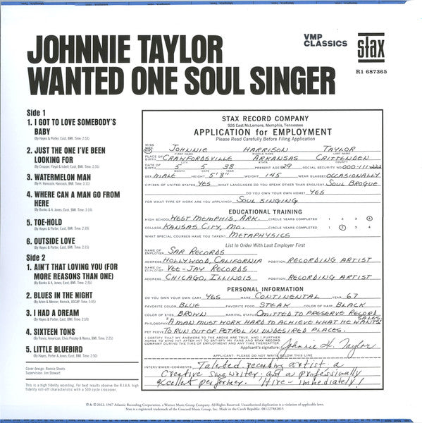 Johnnie Taylor - Wanted One Soul Singer (1967) - New LP Record 2022 Stax Vinyl Me Please Club 180 gram Vinyl - Soul / Rhythm & Blues -vinylsuk