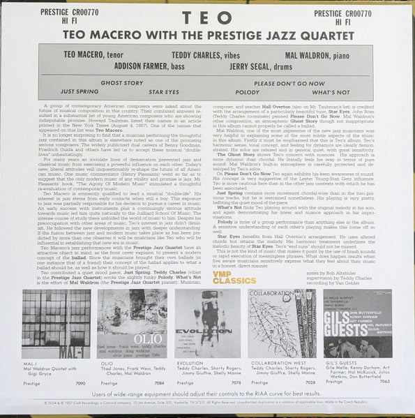 Teo Macero With The Prestige Jazz Quartet - Teo (1957) - New LP Record 2024 Prestige Vinyl Me Please 180 gram Vinyl - Jazz / Bop -vinylsuk