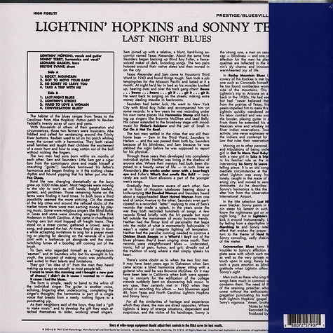 Lightnin' Hopkins With Sonny Terry - Last Night Blues (1961) - New LP Record 2024 Prestige Bluesville Craft Recordings 180 gram Vinyl - Blues / Texas Blues -vinylsuk