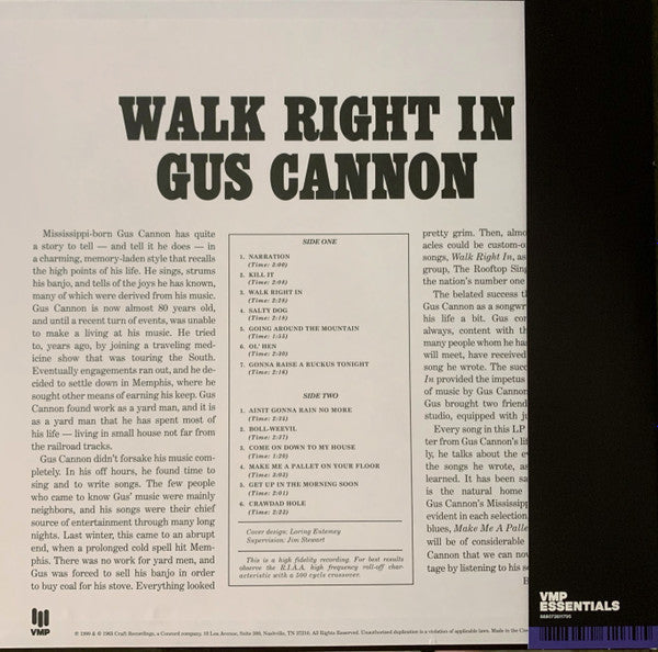 Gus Cannon - Walk Right In (1963) - New LP Record 2024 Stax Craft Recordings Vinyl Me Please Yellow 180 gram Vinyl & Art Print - Country Blues / Memphis Blues -vinylsuk