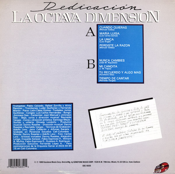 La Octava Dimension - Dedicación - New LP Record 1990 Zeida Codiscos USA Vinyl - Latin / Salsa -vinylsuk